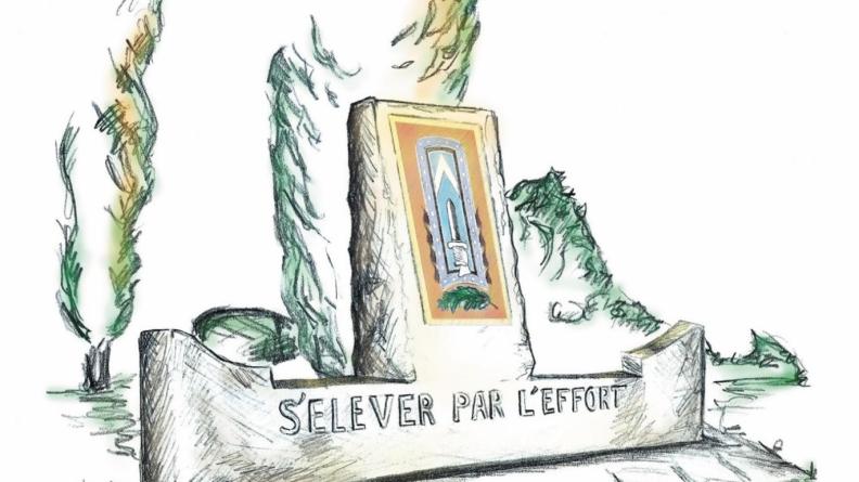 Dessin représentant la stèle de l'ENSOA sur laquelle est inscrite la devise de l'ENSOA Dessin représentant la stèle de l'ENSOA sur laquelle est inscrite la devise de l'ENSOA