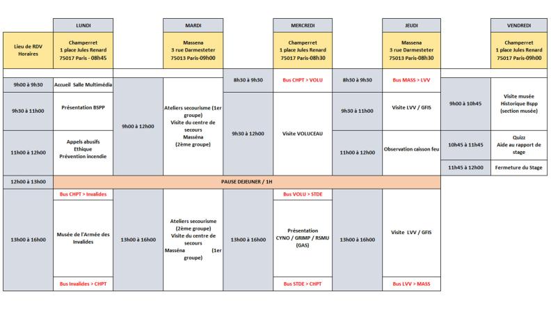 Planning de la semaine de stage pour les 3e