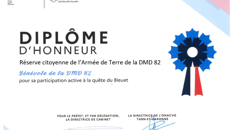 Diplôme d'honneur d'engagement aux côtés du Bleuet de France