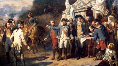 Gen. George Washington, center right, accepts the British surrender after the 1781 Battle of Yorktow