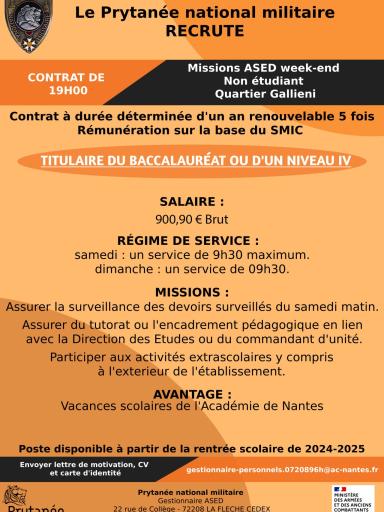 Le prytanée propose un poste d'ASED pour non étudiant