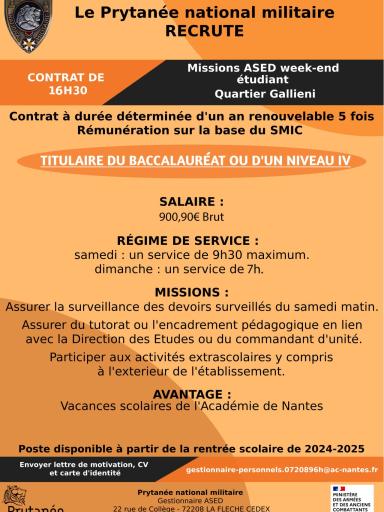 Le Prytanée recrute un ASED - emploi étudiant